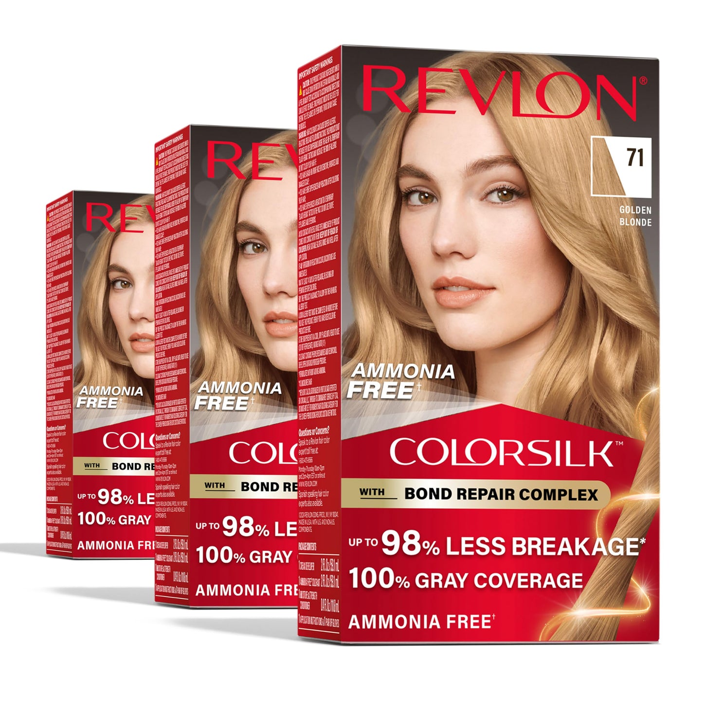 Revlon ColorSilk with Bond Repair Complex, Blonde Permanent Hair Color, 100% Gray Coverage, Ammonia Free Hair Dye, Vegan Keratin, 71 Golden Blonde