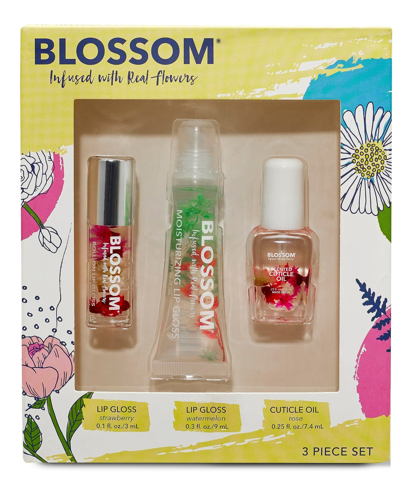 Blossom Scented Roll on Lip Gloss, Moisturizing Lip Gloss Tubes, Hydrating & Strengthening Scented Cuticle Oil with Real Flowers, 0.55 fl oz./19.4mL