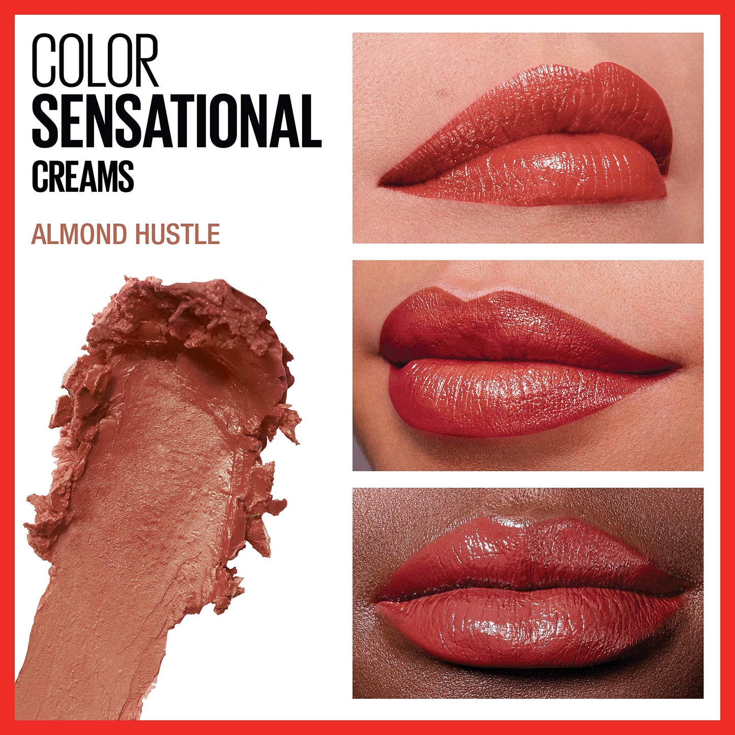 Maybelline Color Sensational Lipstick, Lip Makeup, Cream Finish, Hydrating Lipstick, Nude, Pink, Red, Plum Lip Color, Almond Hustle, 0.15 oz;
