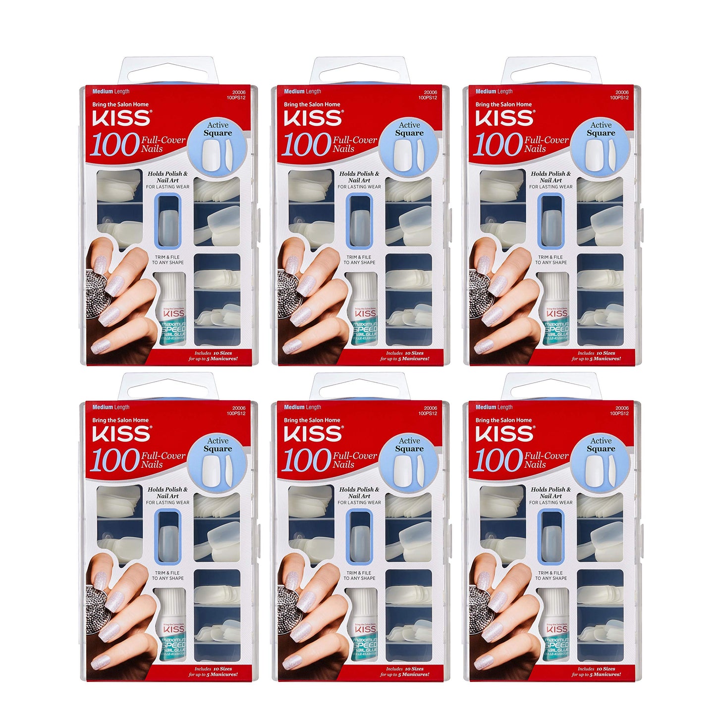 Kiss 100 Full Cover Nails Active Square (Pack of 6) Beauty & Personal Care KISS
