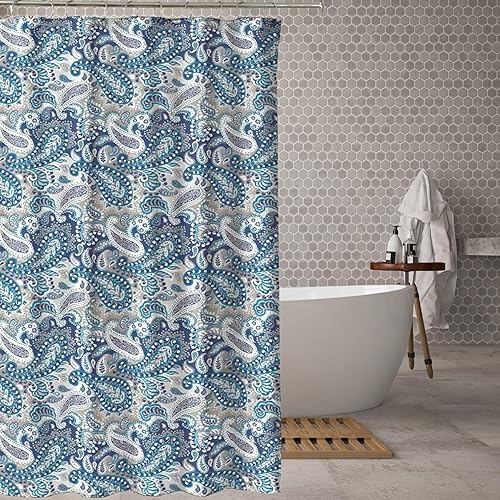 Home Decor Paisley Fabric Shower Curtain: Marine Navy Blue Taupe Beige White