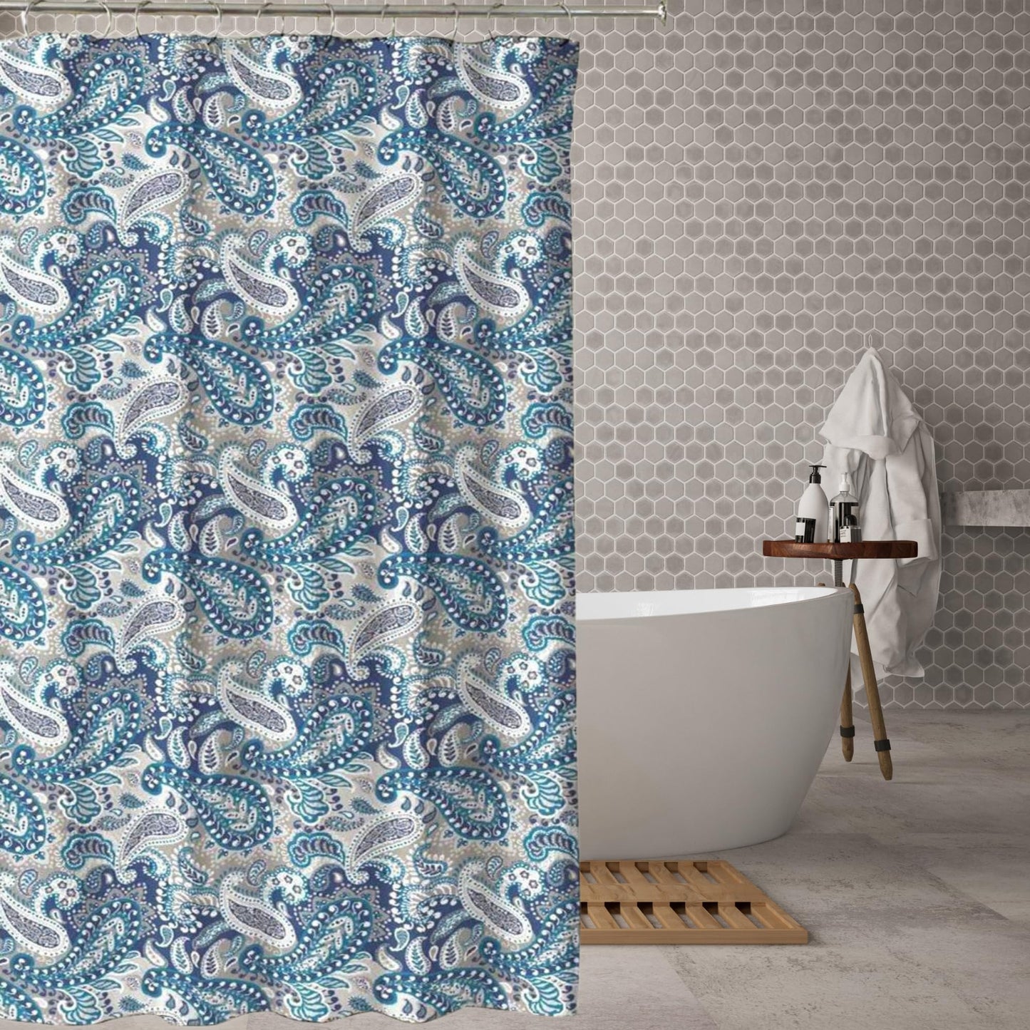 Home Decor Paisley Fabric Shower Curtain: Marine Navy Blue Taupe Beige White