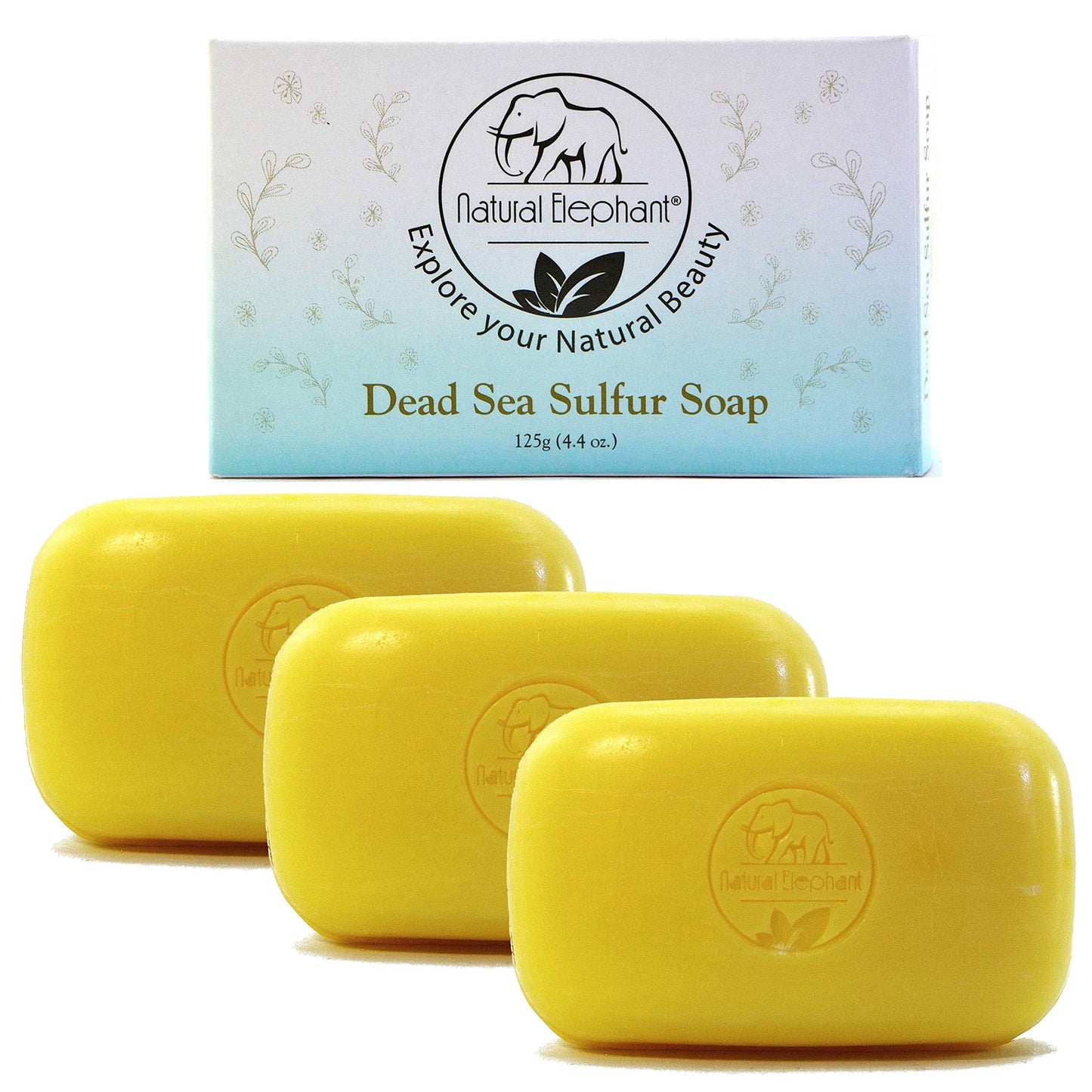 Natural Elephant Dead Sea Sulfur Soap 4.4 oz with Dead Sea Salt, Aloe Vera, Sulphur Face and Body Cleanser Bar for All Skin Types (3 Pack (13.2 oz