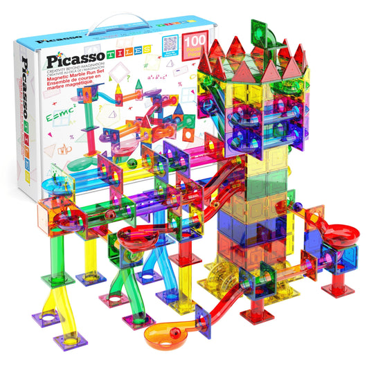 PicassoTiles 100pcs Magnetic Marble Run – STEM Construction Set with Tracks, Funnels, Curved Slopes & Steel Balls for Kids PTG100