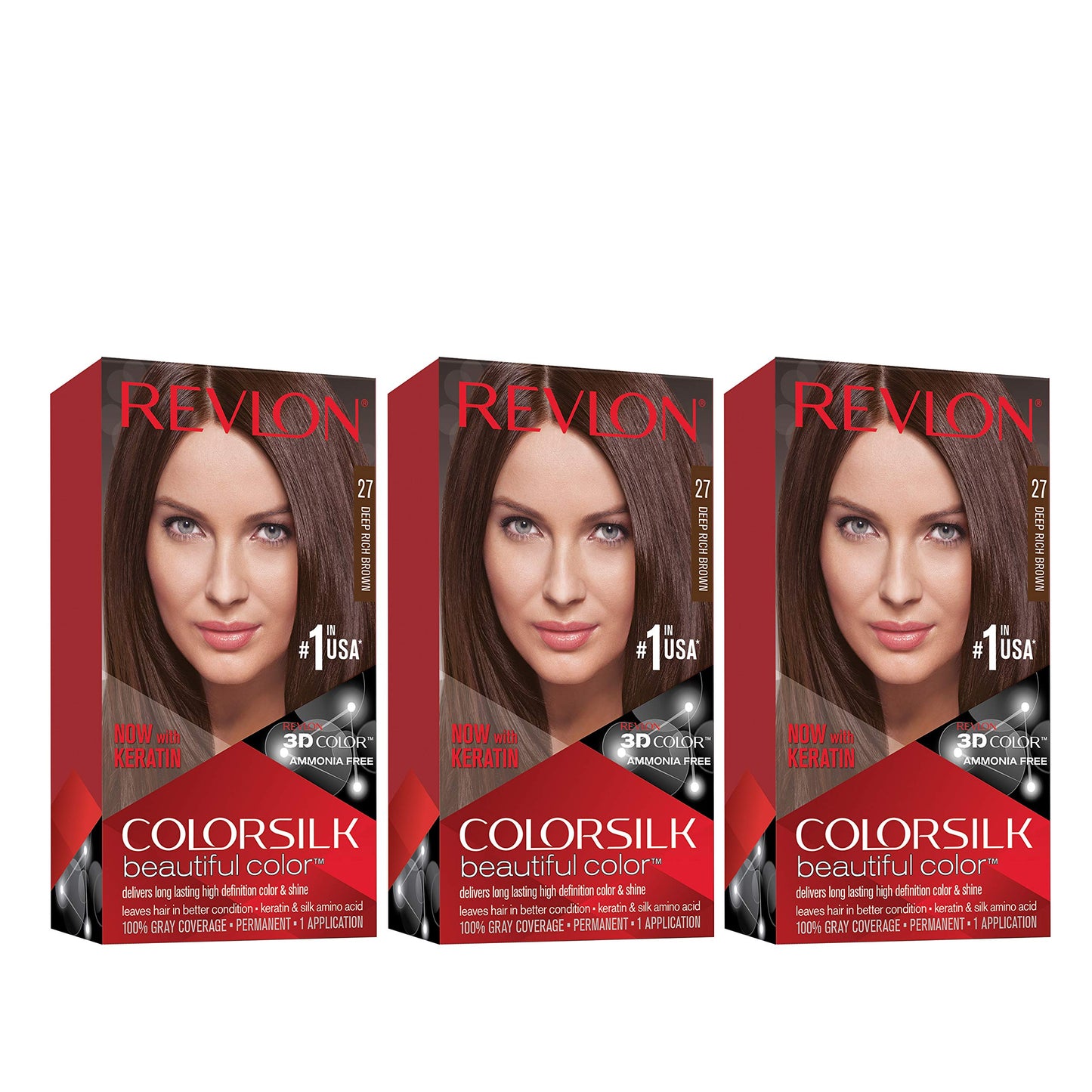 Revlon Permanent Hair Color, Permanent Hair Dye, Colorsilk with 100% Gray Coverage, Ammonia-Free, Keratin and Amino Acids, 27 Deep Rich Brown, 4.4 Oz