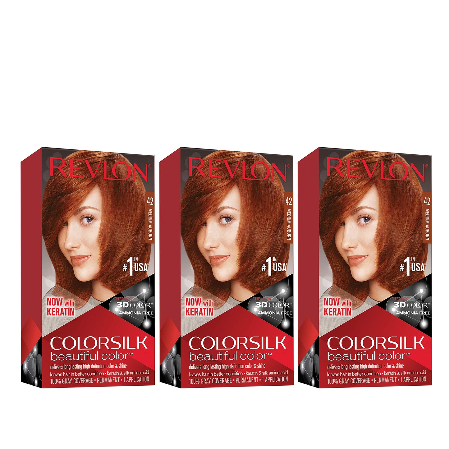 Revlon Permanent Hair Color, Permanent Hair Dye, Colorsilk with 100% Gray Coverage, Ammonia-Free, Keratin and Amino Acids, 42 Medium Auburn, 4.4 Oz