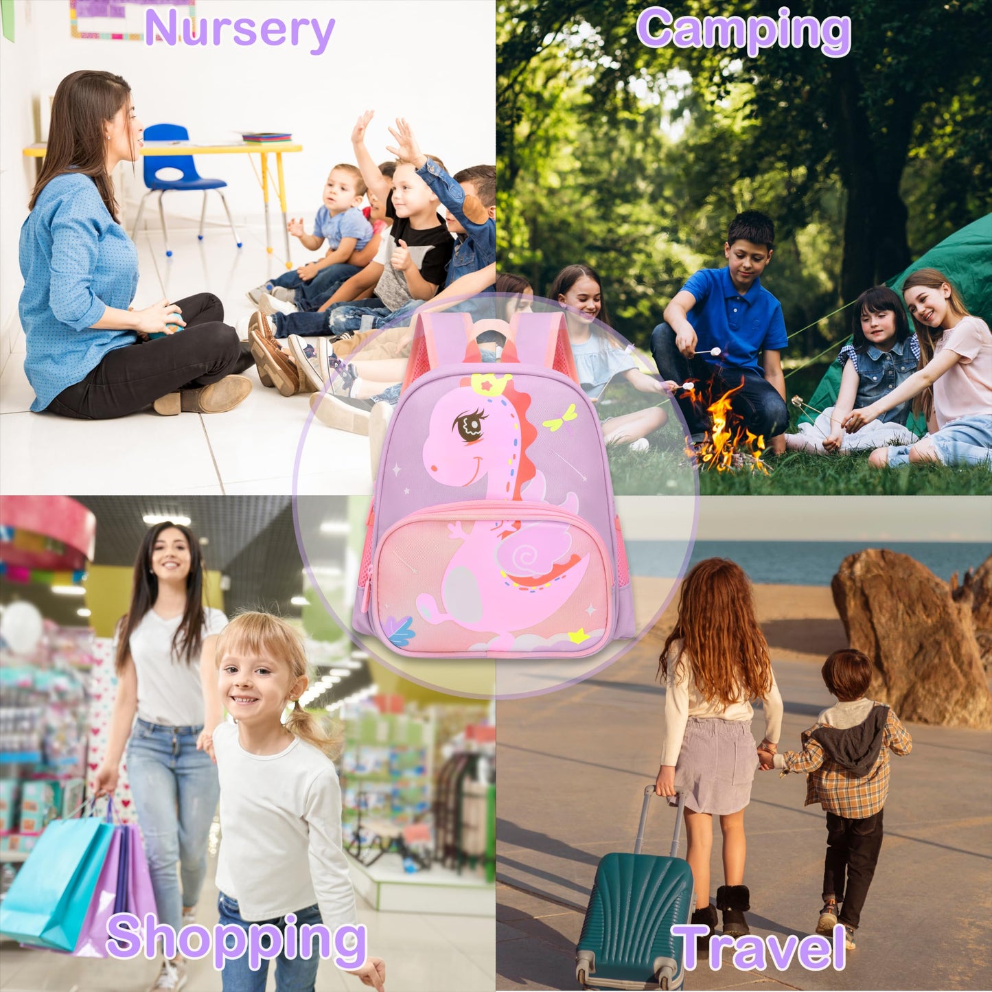 Lifelix Cute Toddler Backpack Preschool Dinosaur Schoolbag for 2-6 Girls Kindergarten Children Travel Bookbag (Purple)