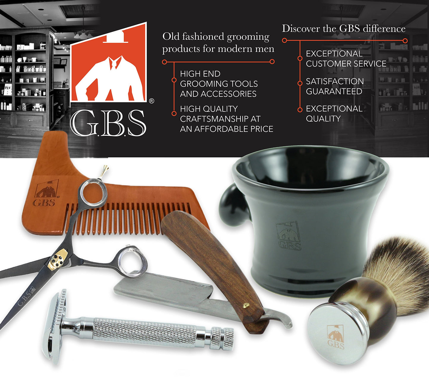 GBS Classic Straight Edge Razor Barber Shavette + Brush and Razor Stand - Ivory Horn Handle - Gold Accents + 10 Blades Men's Manual Shaver Excellent Beauty and Personal Care GBS