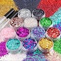 12 Colors of Holographic Chunky Glitter with Quick Dry Glue, 12 Pots Total 120g Multi-Shaped for Body Hair Face Eyes Make-up, Nail Art and Bedazzling