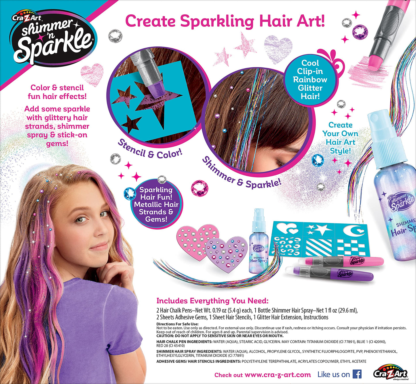 Shimmer ‘n Sparkle Glitter and Glam Metallic Hair Art Set with Hair Chalk Pens and Hair Gems by Cra-Z-Art