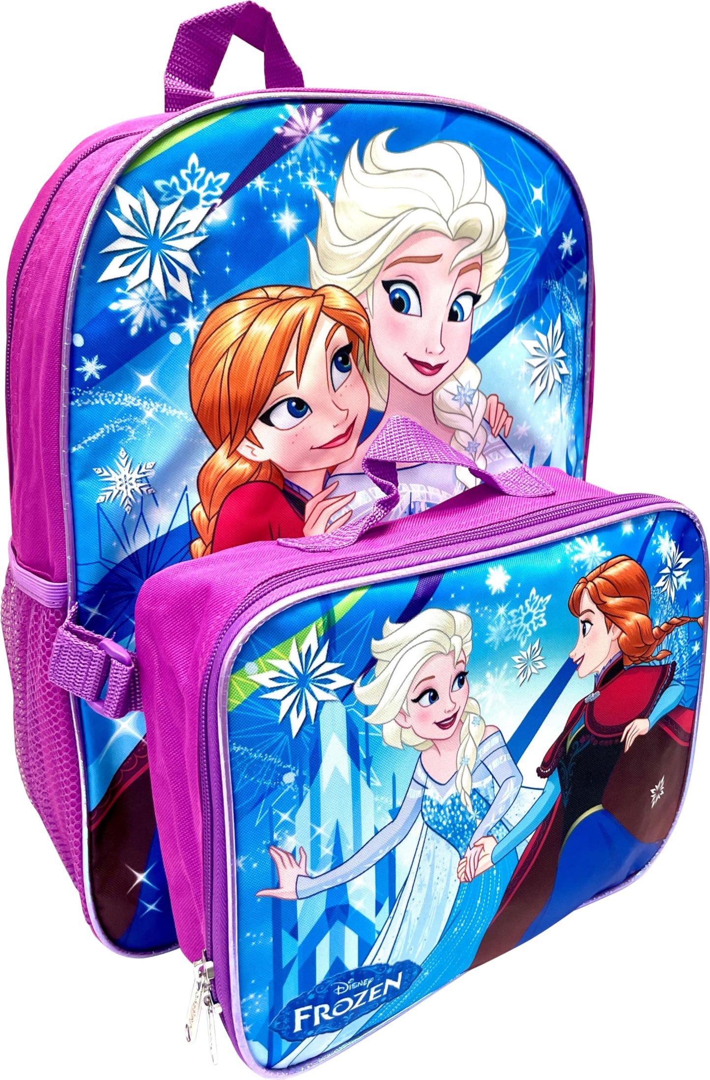 Group Ruz Frozen Anna, Elsa 16 Backpack with Detachable Matching Lunch Box (Purple-Blue), Large