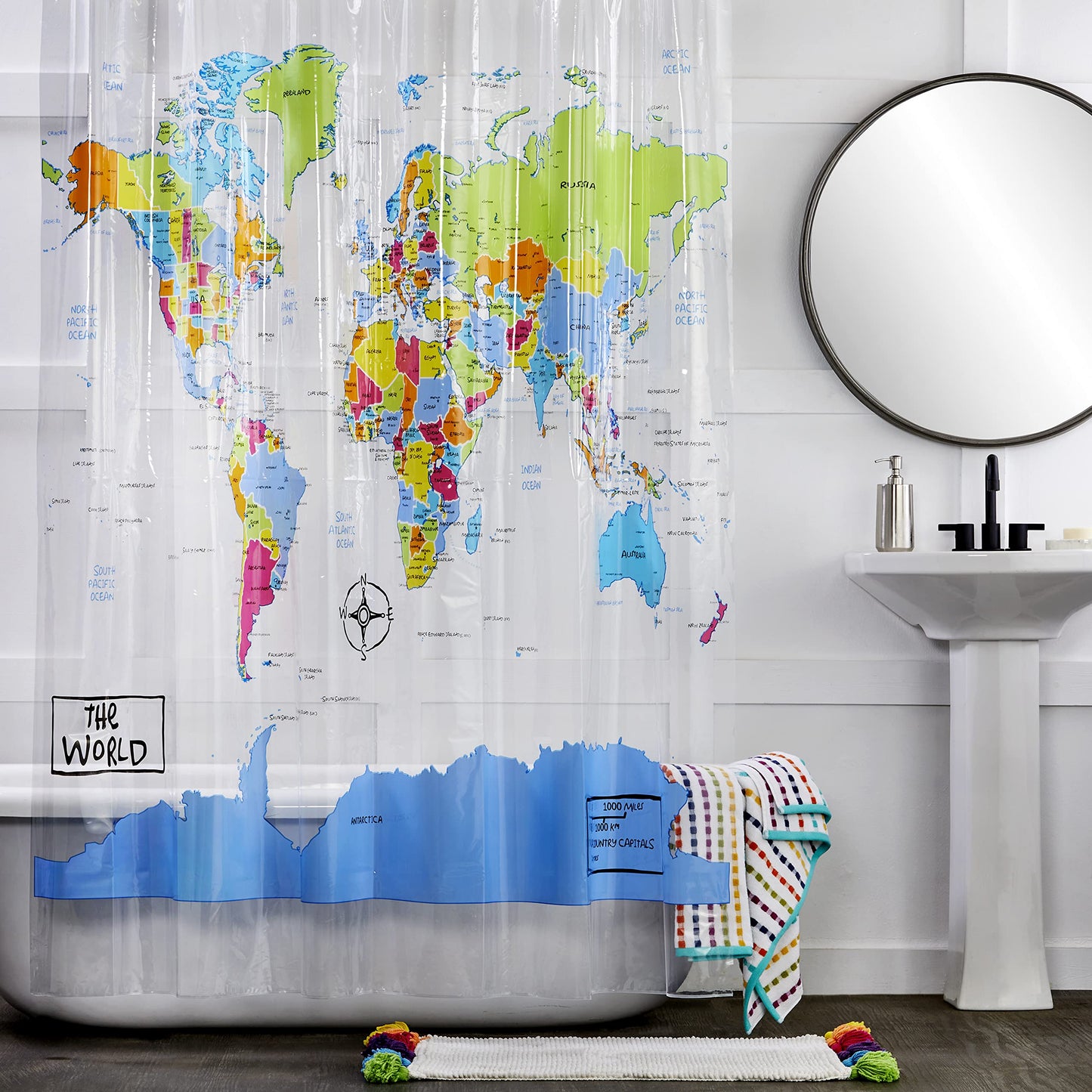 SKL Home The World Map Waterproof PEVA Shower Curtain, Educational/Geography/Kids Bath, Clear/Multi
