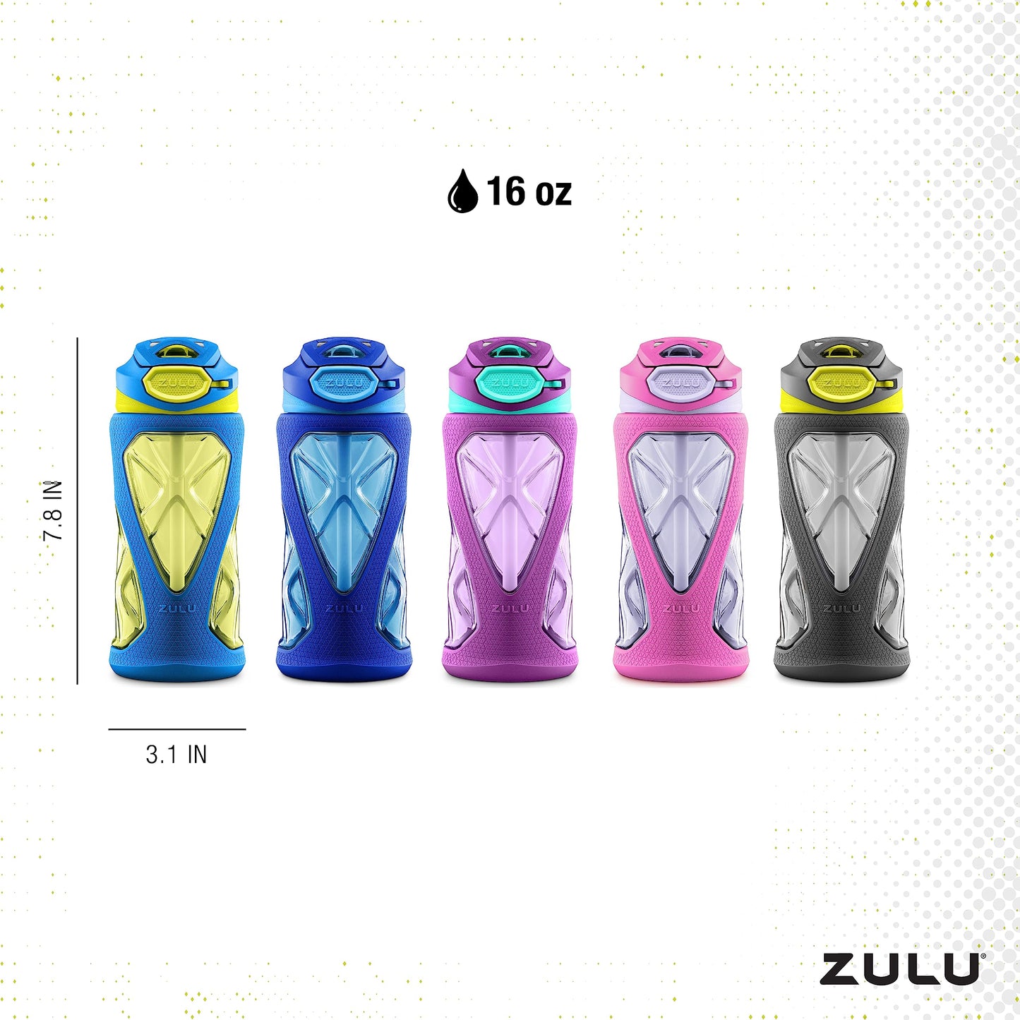 ZULU Torque 16oz Plastic Kids Water Bottle with Silicone Sleeve and Leak-Proof Locking Flip Lid, Soft Touch Carry Loop for School Backpack, Lunchbox