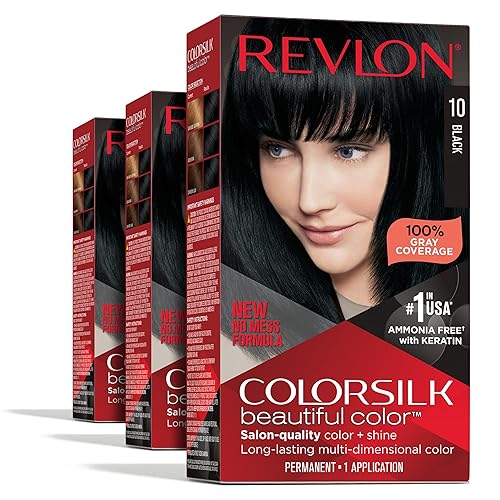 Revlon Permanent Hair Color, Permanent Hair Dye, Colorsilk with 100% Gray Coverage, Ammonia-Free, Keratin and Amino Acids, 10 Black, 4.4 Oz (Pack