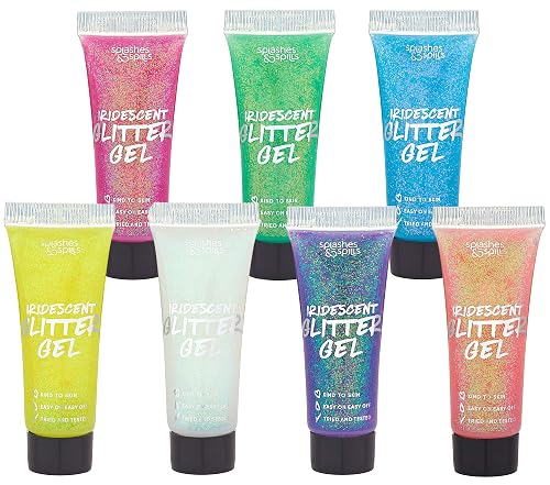 Iridescent Glitter Body Paint Gel - 7 Color Cosmetic Set 10 ml Tubes Makeup Glitter Gel for Hair, Body, Face Shimmer - Great for Dress Up, Festival