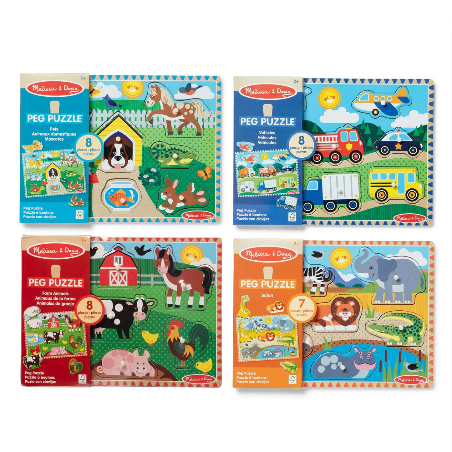 Melissa & Doug 4 Pack Wooden Peg Puzzle Set – Vehicle, Farm, Safari & Pet Animals – Educational Puzzles for Toddlers Ages 2+