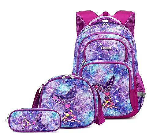 Wawakube 3Pcs Girls Backpack with Lunch Box Pencil Case,Unicorn Preschool Elementary School Bookbag for Kid Girls Picnic Travel etc