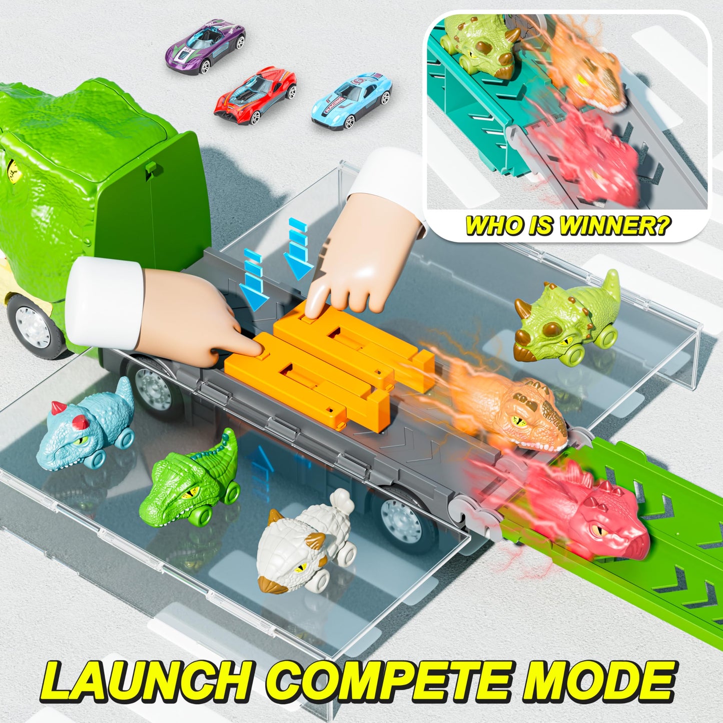 13-in-1 Dinosaur Toys Car Set – Transport Truck with Foldable Track & Race Mode, Includes 6 Dino Cars & 6 Race Cars for Kids Ages 3–6+