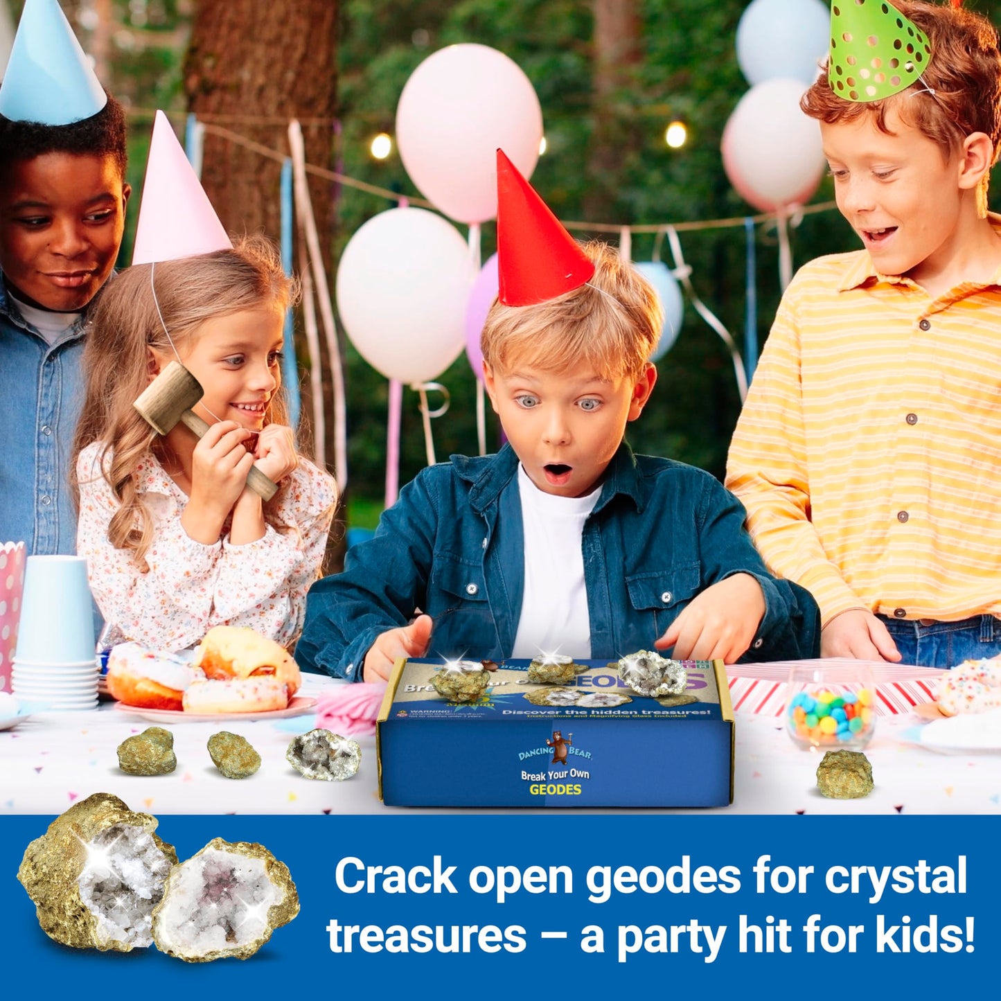 DANCING BEAR 25 Break Your Own Geodes – Medium 1–1.5" Hollow Crystals, Fun Educational Surprise Kit with Instructions, Party Favors & Prizes