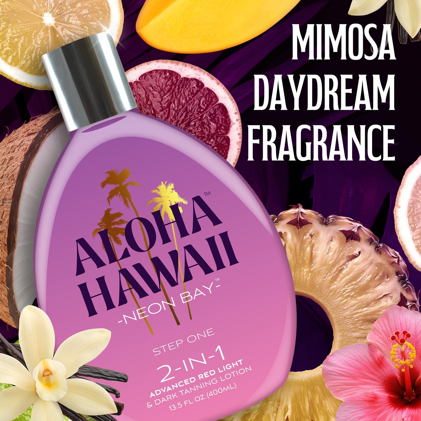 Aloha Hawaii Neon Bay Tanning Lotion, 2-in-1 Advanced Red Light & Dark Tanning with Triple Coconut Colada & Hawaiian-Dark Fruit Blend, 13.5 Fl Oz