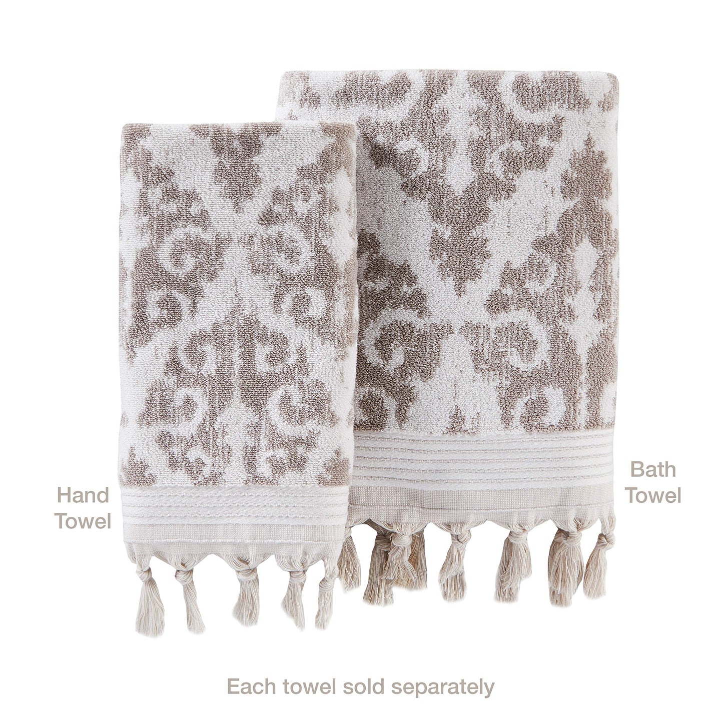 SKL Home Mirage Fringe 100% Turkish Cotton Hand Towel (2-Pack), Taupe , 16x26 in
