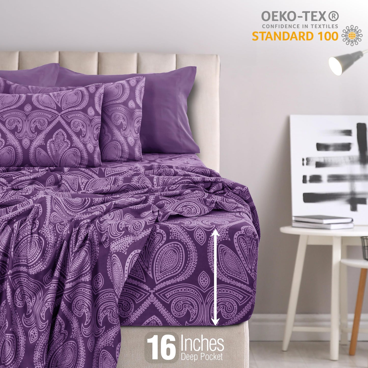 LUX Décor Paisley King Sheet Set - 6 Piece Ultra-Soft Microfiber Bed Sheets with Flat Sheet, 16 Inches Deep Pocket Fitted Sheet & 4 Pillowcases,