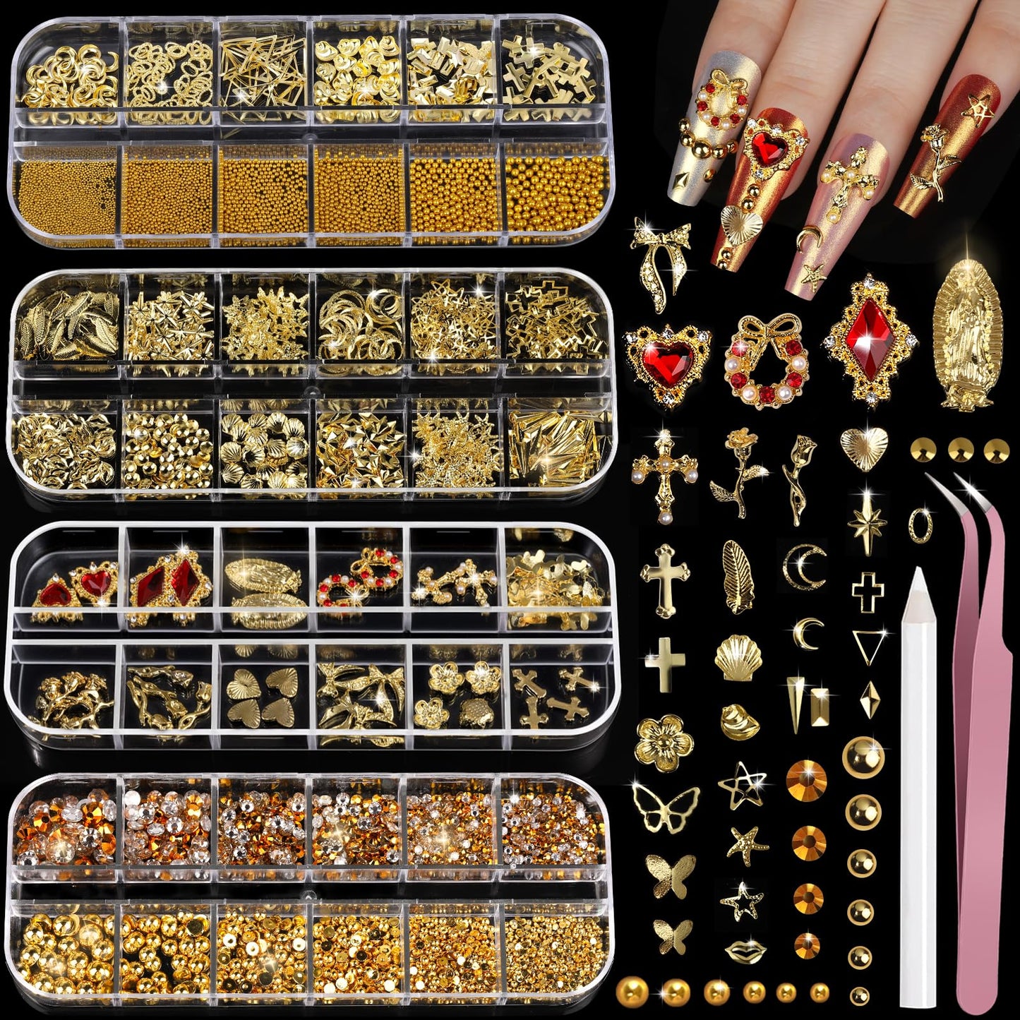 Teenitor Gold Nail Charms and Gems Set, 4 Boxes Nail Gems Nail Pearls Nail Art Tools, 3D Cross Nail Charms Heart Nail Rhinestones for Nails Supplies Beauty and Personal Care Teenitor