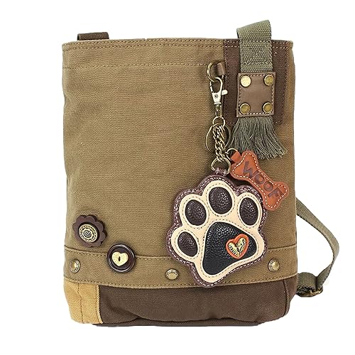 CHALA Patch Cross-Body Women Handbag, Olive Canvas Messenger Bag - Paw Print