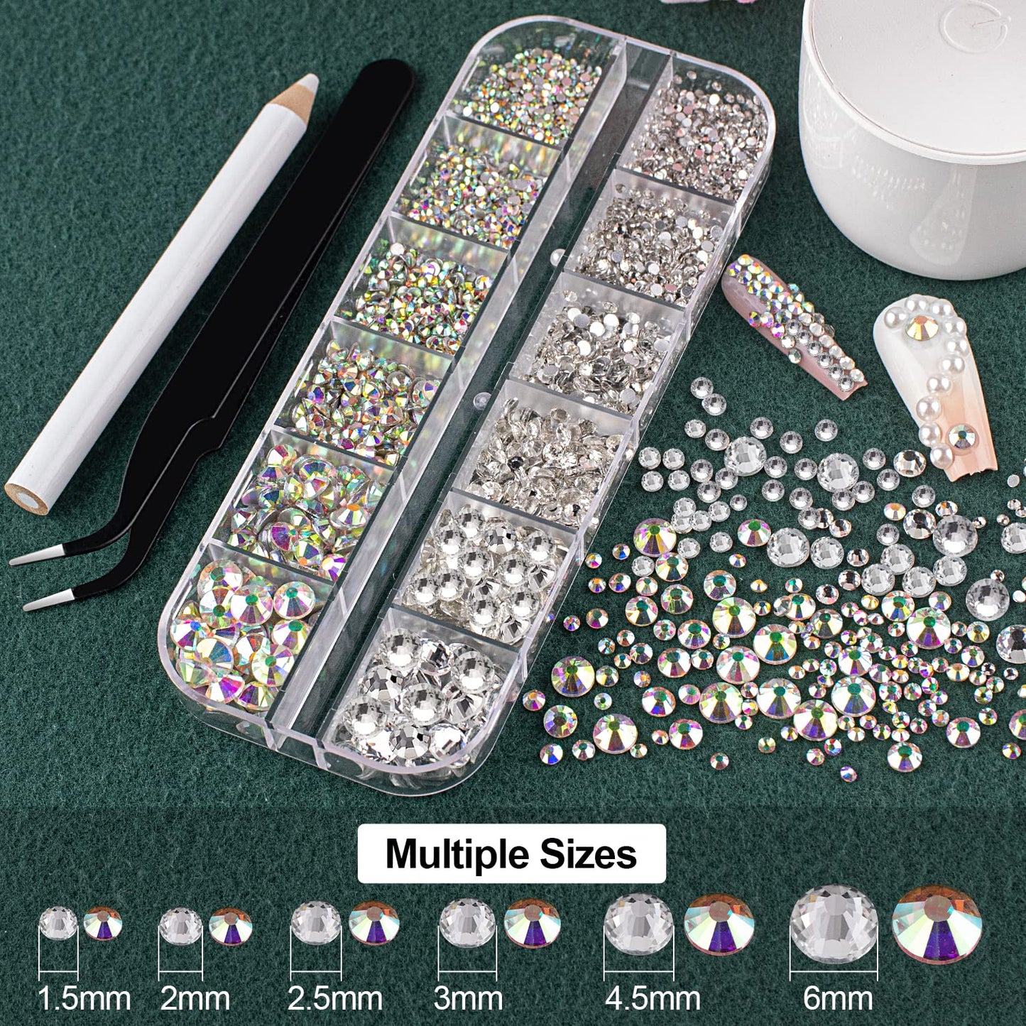 Flat Back Rhinestones&Pearls Kits Round Glass Crystal AB&Transparent White Gems+White&Beige Pearls with Quick Dry Makeup Glue+Picker Pencil+Tweezer