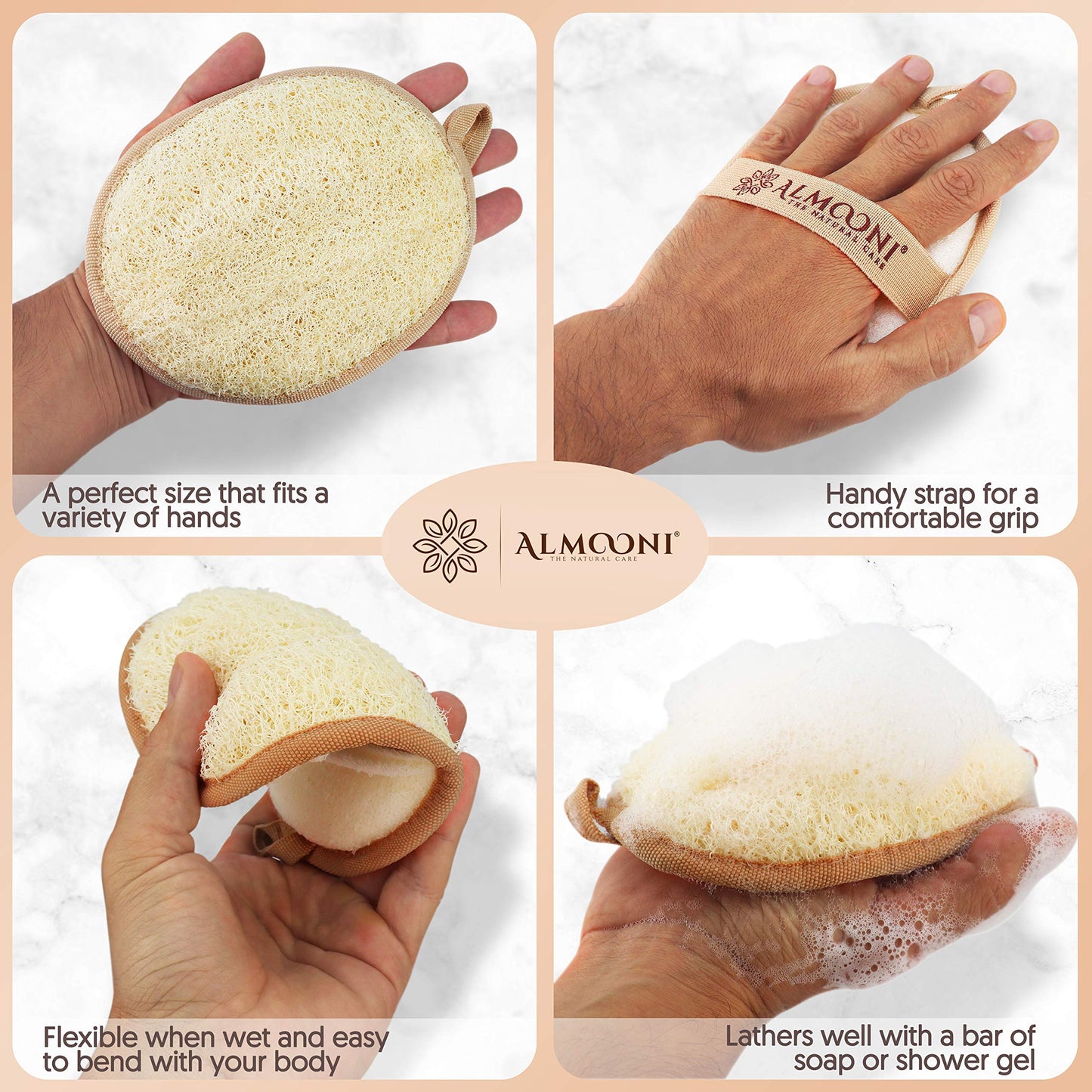 Almooni Natural Loofah Exfoliating Body Scrubber, Made with Natural Egyptian Shower Loofah Sponge, Bath Shower Loofah Sponge for Women and Men,