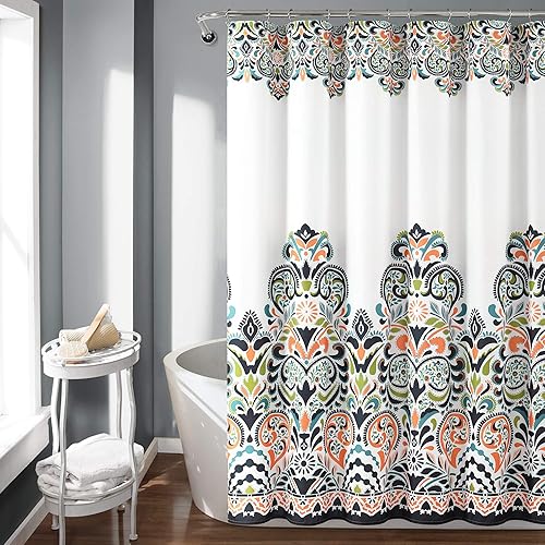 Lush Decor Navy and Tangerine Clara Shower Curtain-Fabric Colorful Boho Paisley Damask Print Design, 72 x 72
