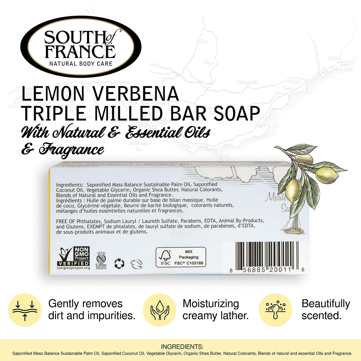 Lemon Verbena Clean Bar Soap by South of France Clean Body Care Triple-Milled French Soap with Organic Shea Butter + Essential Oils Vegan, Non-GMO
