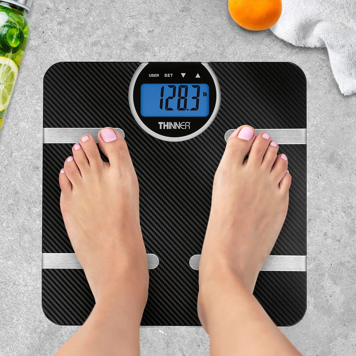 Thinner by Conair Scale for Body Weight, Digital Bathroom Scale with Body Fat, Muscle and BMI in Black