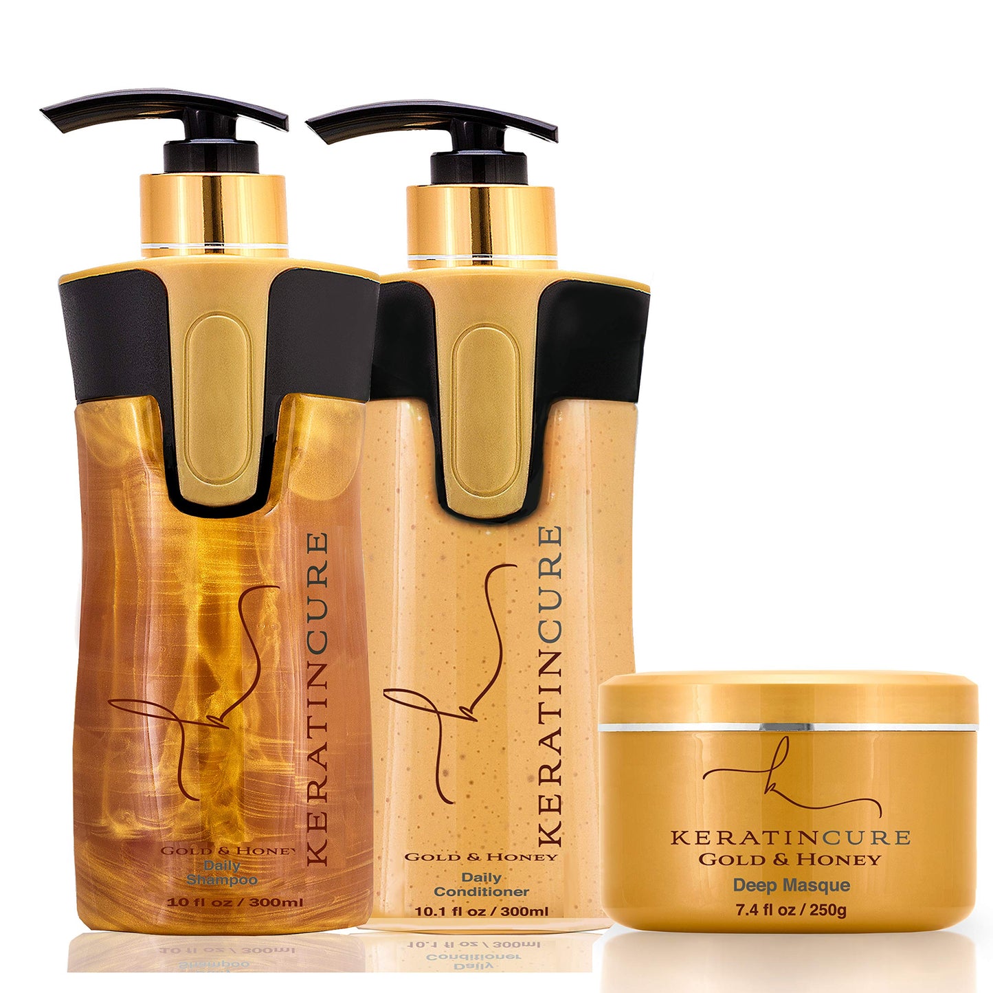 Keratin Cure Brazilian Gold & Honey Sulfate Free Shampoo Conditioner Masque Best for Damaged Dry, Curly or Frizzy Hair - Thickening for Fine/Thin