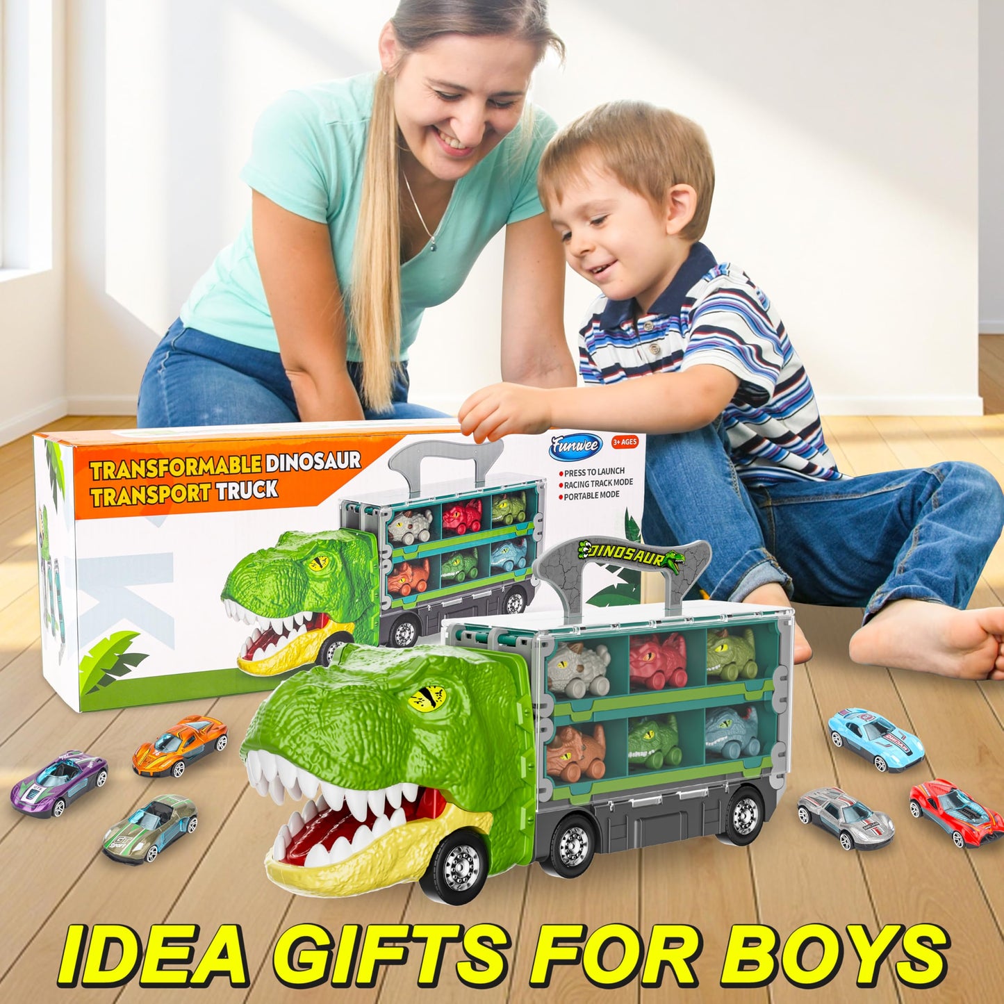 13-in-1 Dinosaur Toys Car Set – Transport Truck with Foldable Track & Race Mode, Includes 6 Dino Cars & 6 Race Cars for Kids Ages 3–6+