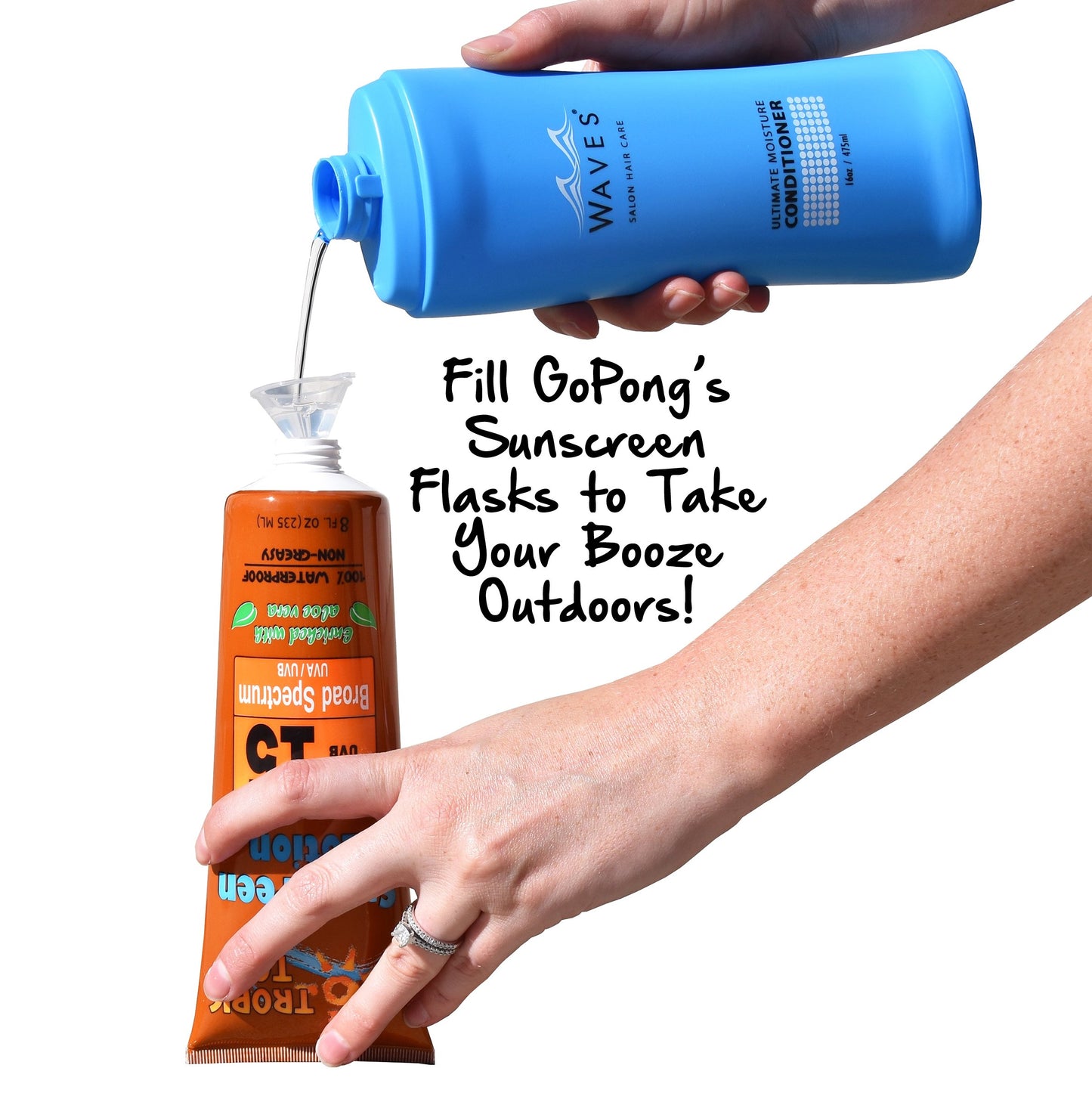 GoPong Shampoo & Conditioner Flasks (32 oz Total) - Hidden Alcohol Travel Flasks - 2 Secret Liquor Containers for Cruises - Includes Funnel & Spout