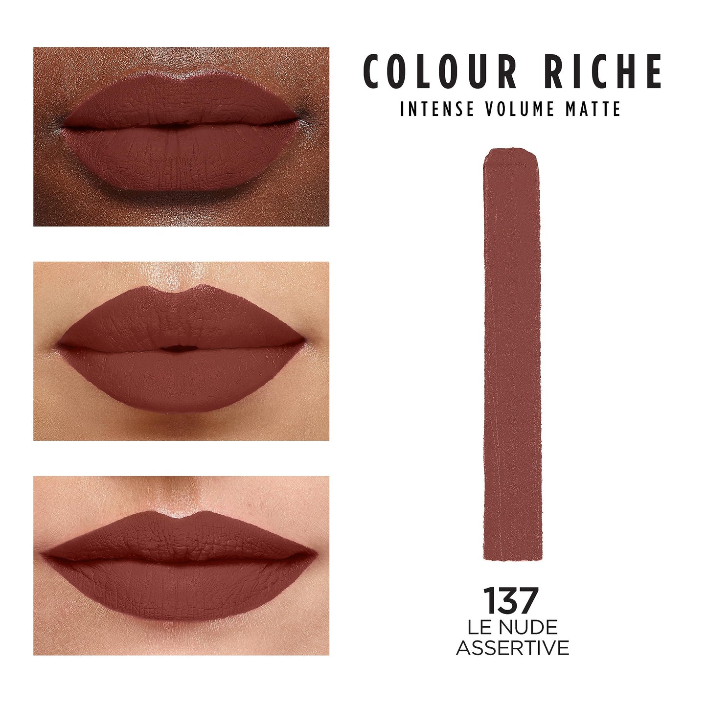 L'Oreal Paris Colour Riche Intense Volume Matte Lipstick, Lip Makeup Infused with Hyaluronic Acid for up to 16HR Wear, Le Nude Assertive, 0.06 Oz