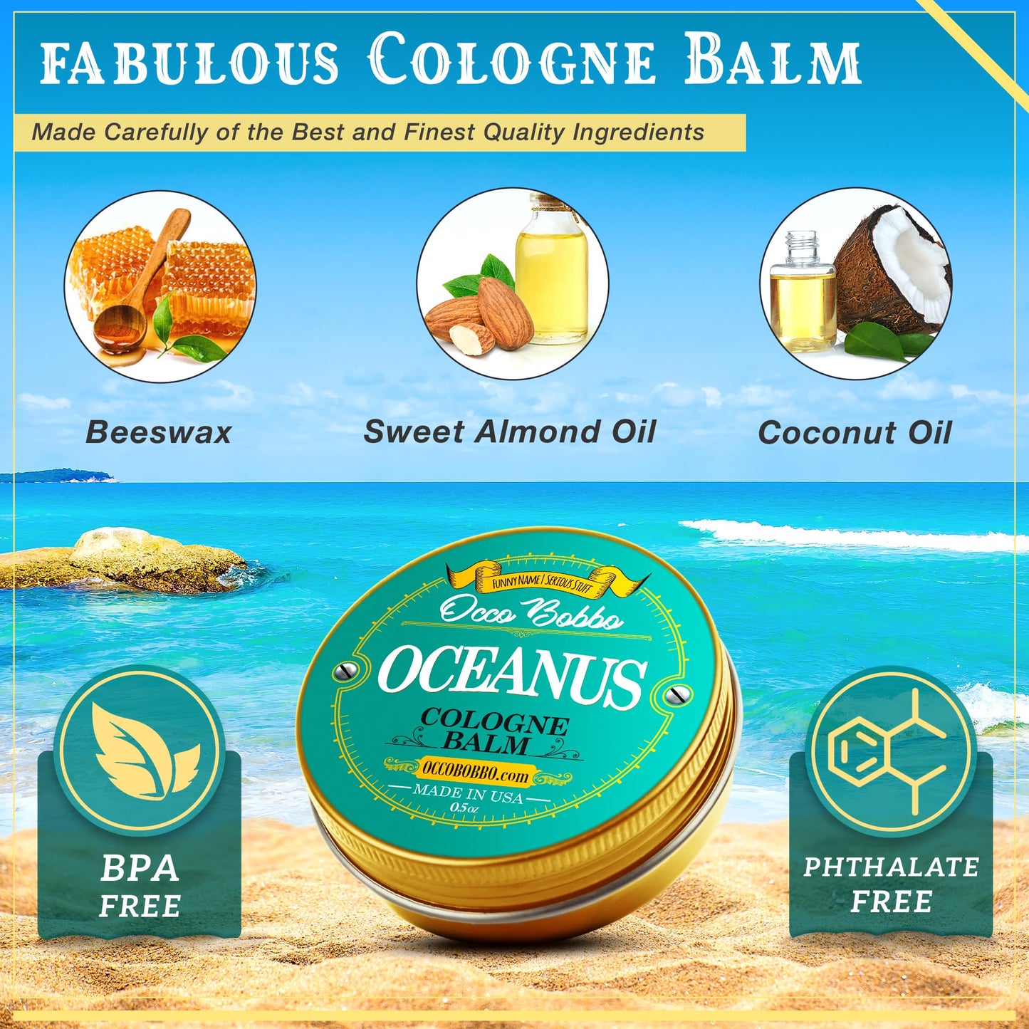Handy Hound Occo Bobbo - Oceanus Solid Cologne Men - Made In the USA - A Clean Masculine Scent - All Natural Ingredients - .5 oz