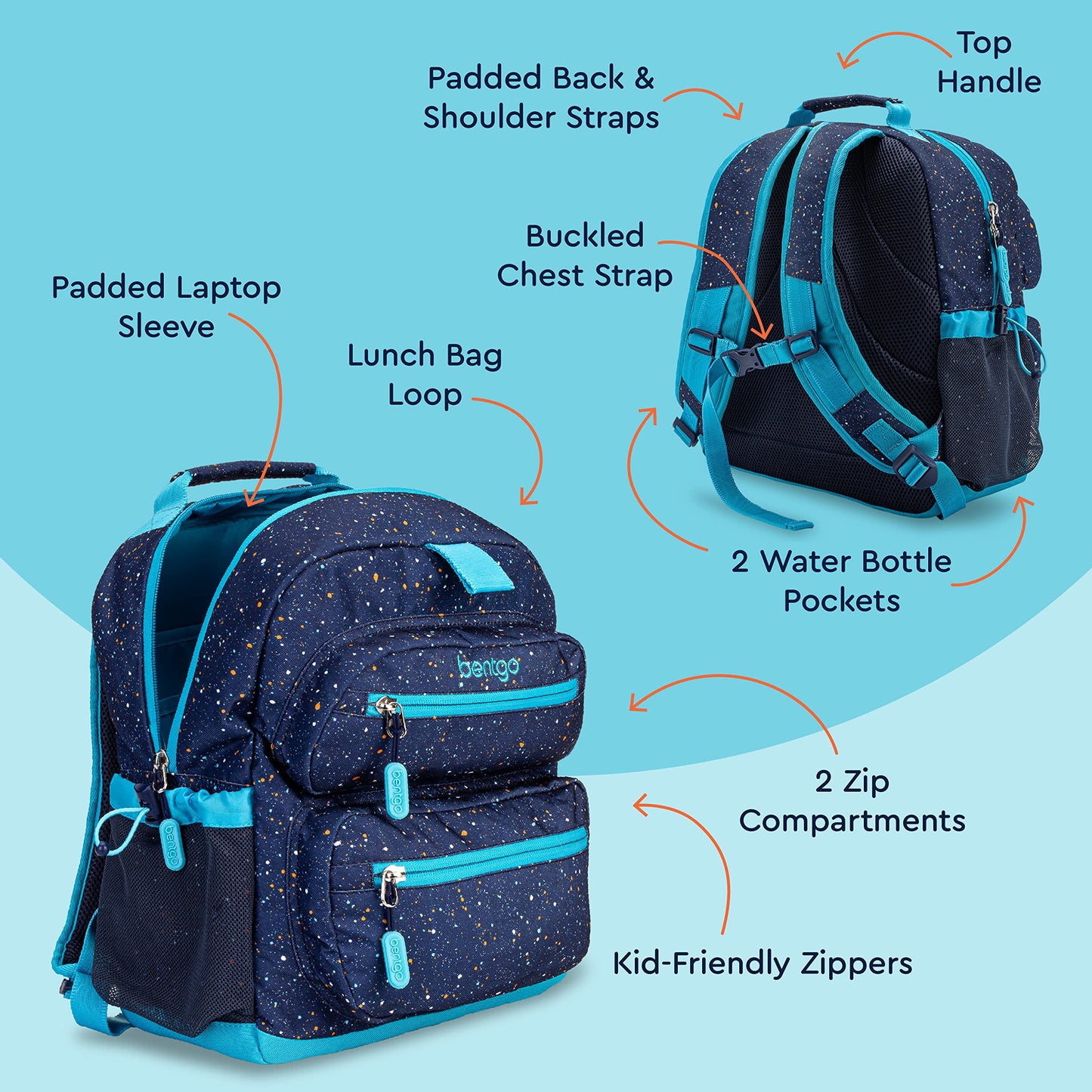 Bentgo Kids Confetti Backpack - Lightweight 14” Backpack for School, Travel & Daycare, Ideal for Ages 4+, Durable & Water-Resistant, Roomy Interior, & Loop for Lunch Bag (Confetti Edition-Abyss Blue)