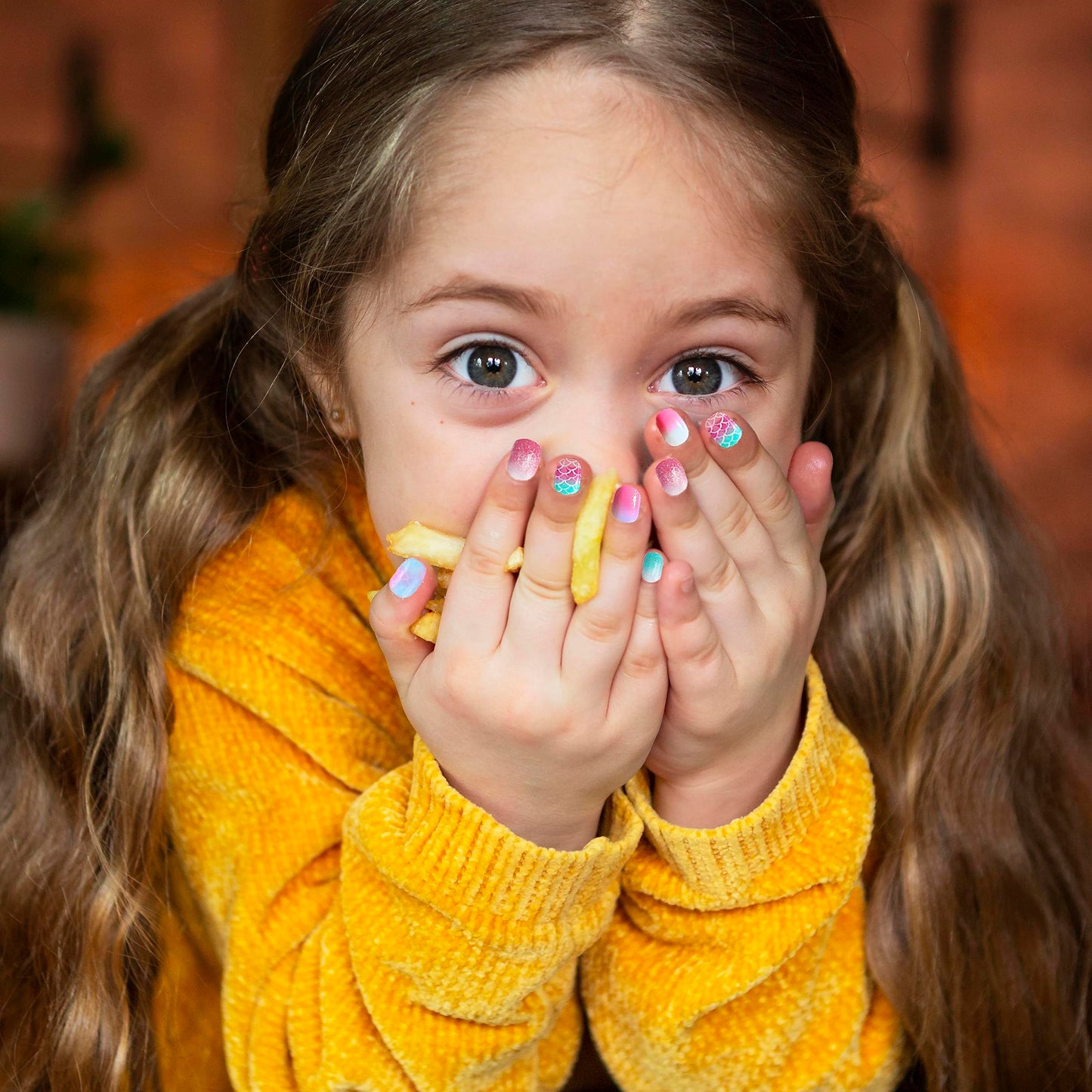 MUACHCHA 120 Pcs 5 Pack Children Acrylic Glitter False Nails Press on Nails Pre-glue Full Cover Fake Nail Tips Stick Cute Cartoon Short Artificial
