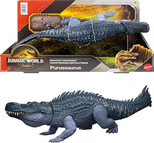 Mattel Jurassic World Rebirth Gigantic Thrashers Dinosaur Figure, Purussaurus Large Species Toy, 2 Rampage Attacks, Digital Play
