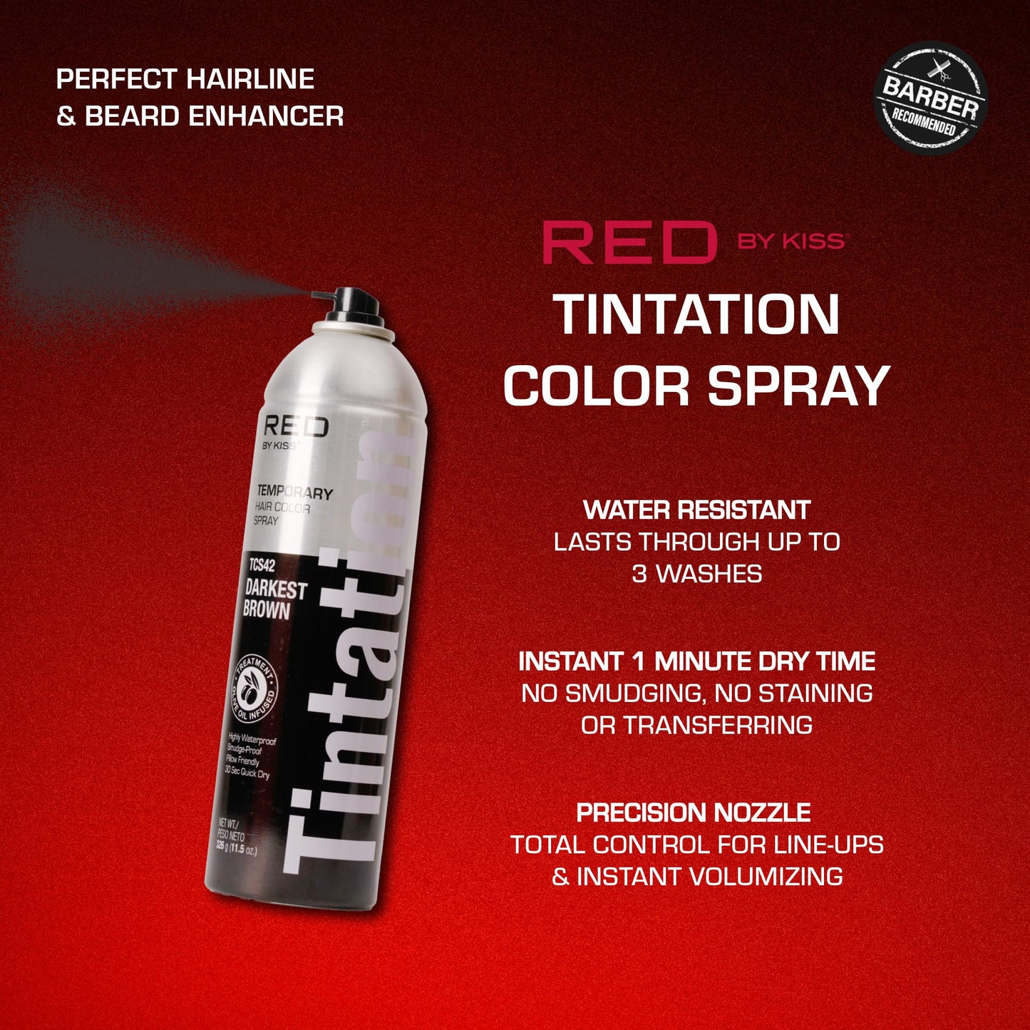 RED by Kiss Tintation Temporary Hair Color Spray, Extra Large Size, Instant Gray Root Cover Up, Water-Resistant, Smudge-Proof, Hairline & Barber