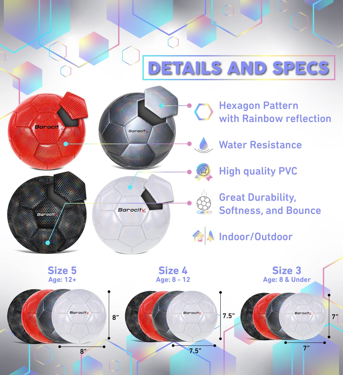 Barocity Iridescent Soccer Balls Set of 4 - Black, Silver, White, and Red Official Match Ball with Reflective Hex Pattern, Sport Soccer Balls…