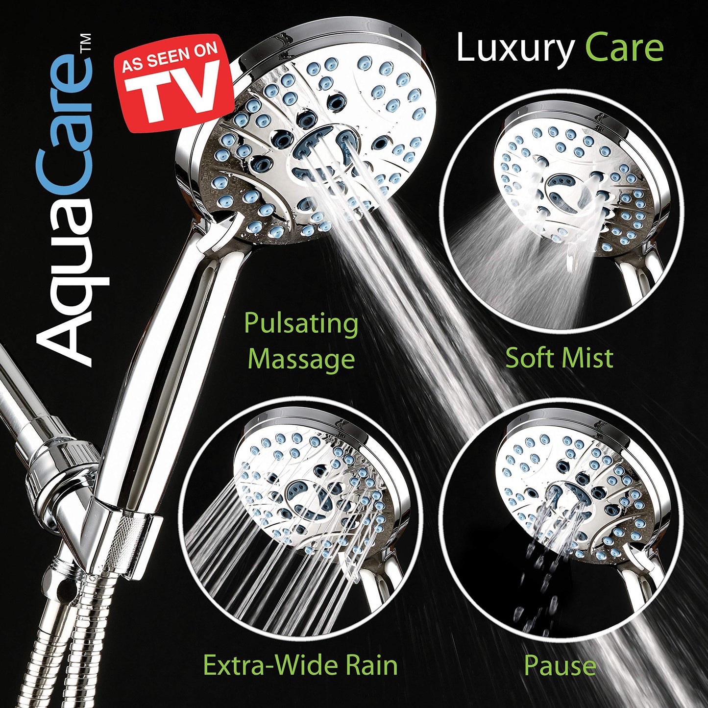 AquaCare 8-Mode High Pressure Handheld Shower Head – Anti-Clog Nozzles, Power Wash, 6ft Hose, Wall & Overhead Brackets