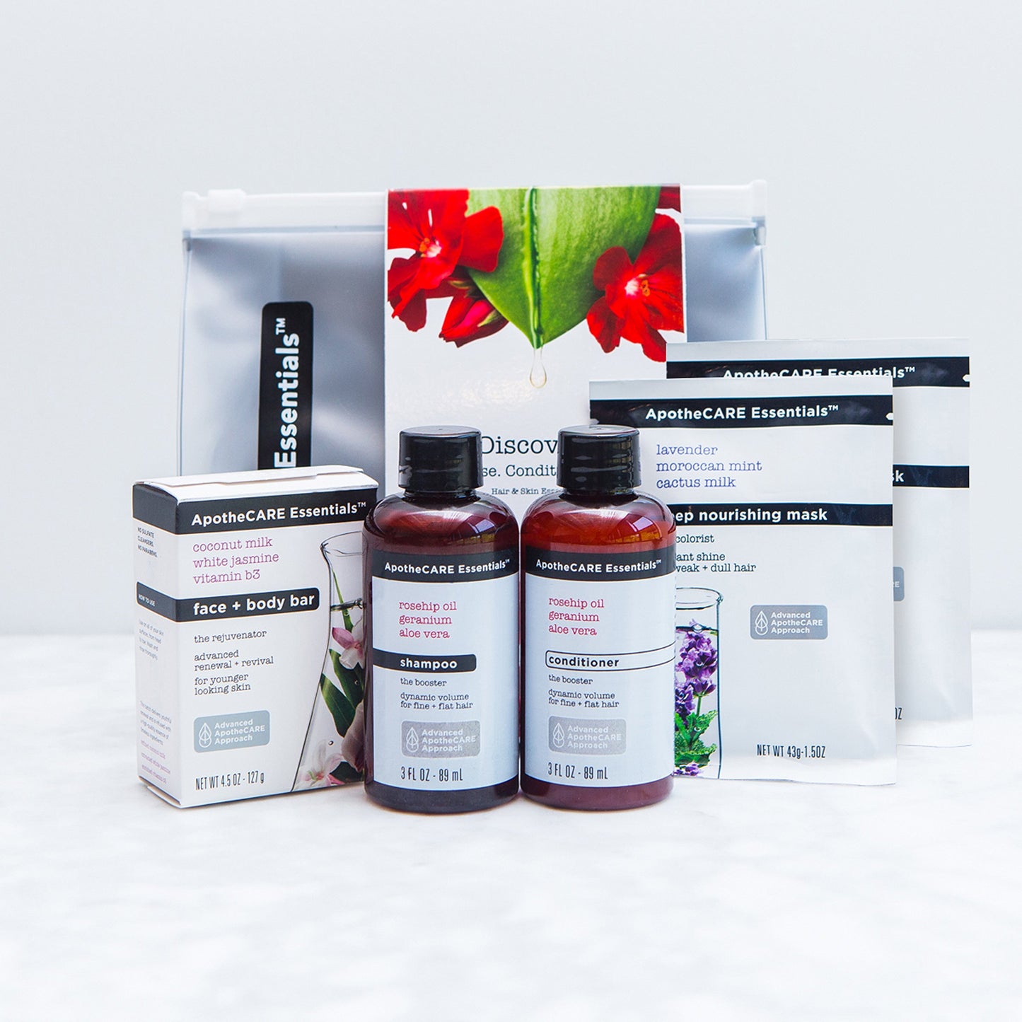 NEW ApotheCARE Essentials Discovery 5 Piece Hair & Body Set: Volume Shampoo + Volume Conditioner + 2x Deep Treatment Hair Masks + BONUS Face & Body