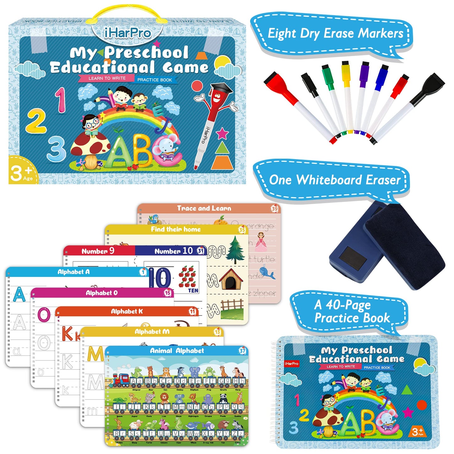 Handwriting Practice Book for Kids – 40-Page Montessori Learning Workbook for Letters, Numbers, Shapes & Sight Words with 8 Dry Erase Markers
