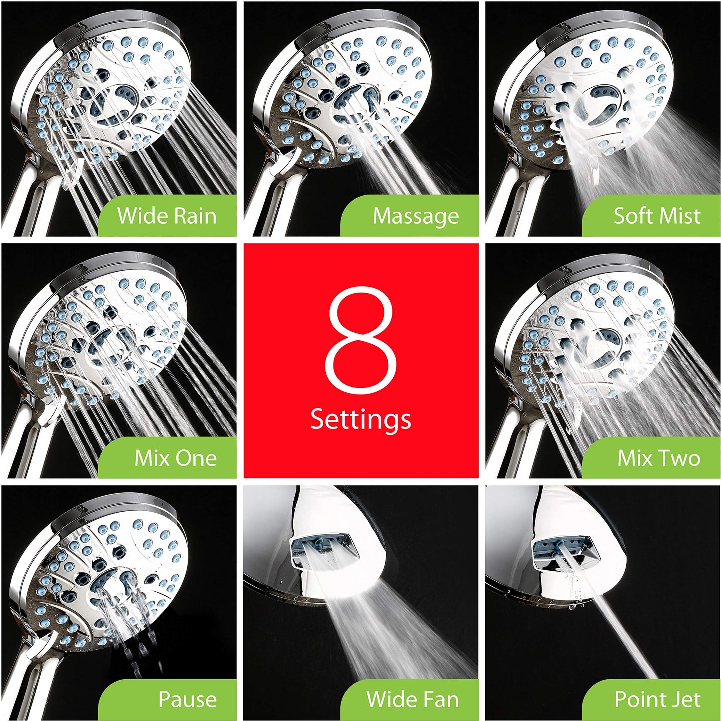 AquaCare 8-Mode High Pressure Handheld Shower Head – Anti-Clog Nozzles, Power Wash, 6ft Hose, Wall & Overhead Brackets