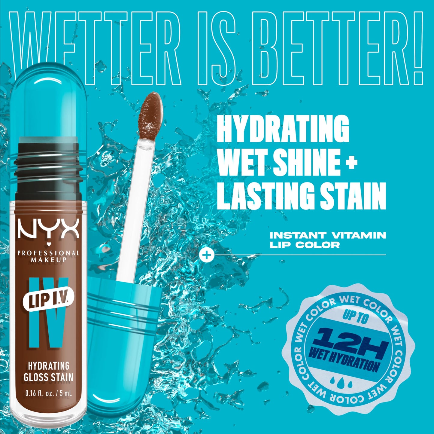 NYX PROFESSIONAL MAKEUP Lip IV Hydrating Glossy Lip Stain, Long-Lasting, Tinted, Vegan Formula with 12 HR Hydration - Splash N Spice (Brown)