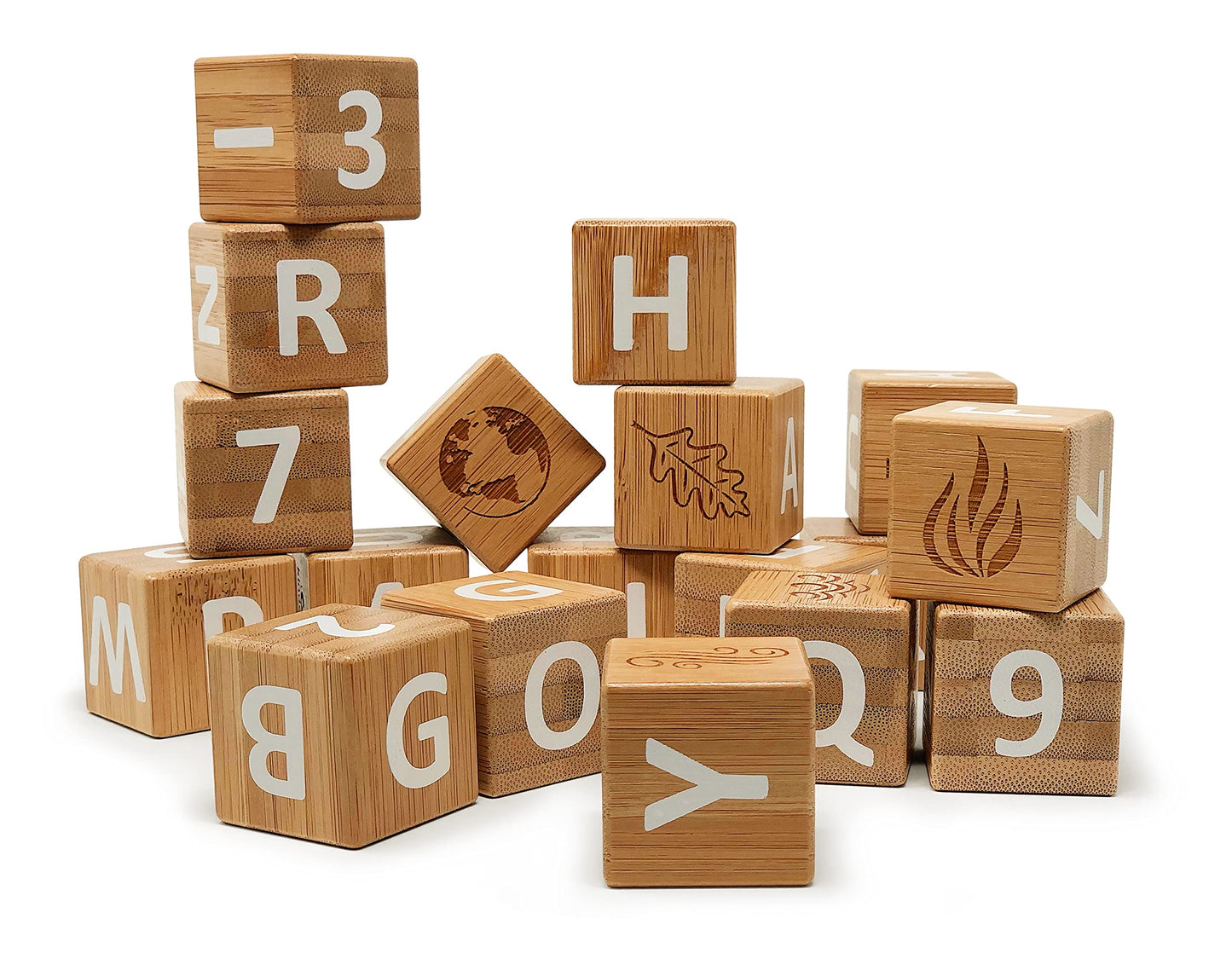 Kinderfeets Bamboo ABC Blocks 18pc – Educational Build & Stack Toy with Letters, Numbers & Symbols for Toddlers 12mo+