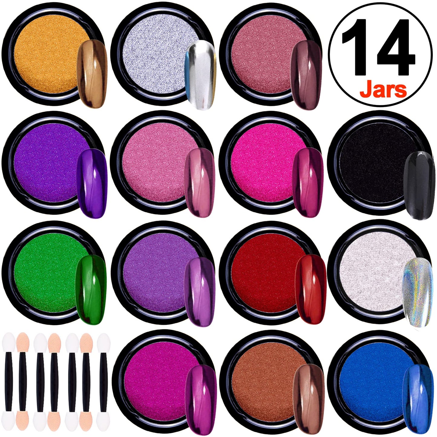Duufin 14 Jars Chrome Nail Powder Metallic Nail Art Powder Mirror Effect Manicure Chrome Powder 14 Colors Nail Powders with 14 Pcs Eyeshadow Sticks